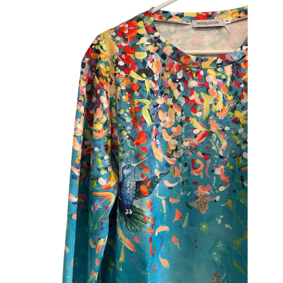 Misslook Hippie Party Tee Shirt Tunic Blouse Womens XL Blue Hummingbird Confetti - Picture 5 of 16